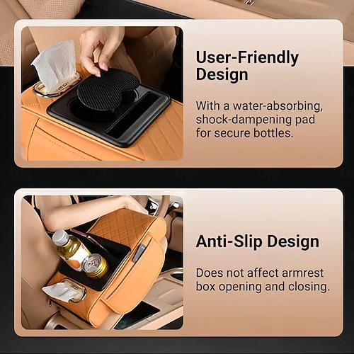  Luxury Style Car Armrest Box Multifunctional Storage Box, Diamond Pattern Tissue Box, with Cup Holder Mobile Phone Slot, Built-In Car Storage Box, Universal Four-In-One, Car Tissue Box Armrest Box
