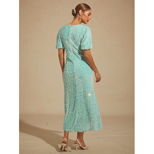  Women's Midi Dress Trumpet Mermaid Dress Elegant Puff Sleeve Party Sequin Half Sleeve Crew Neck Sage Green Spring Fall Winter