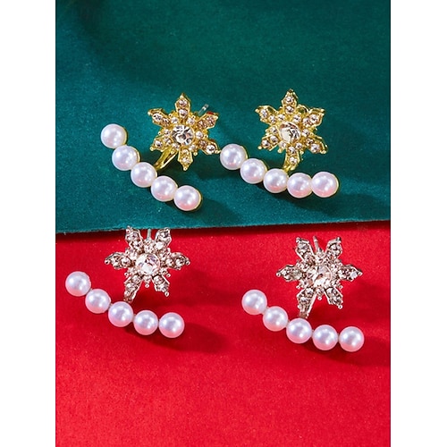  Γυναικεία χριστουγεννιάτικα σκουλαρίκια με νιφάδες χιονιού - κράμα αλουμινίου με λεπτομέρειες από κρύσταλλο και μαργαριτάρι, κομψά εορταστικά κοσμήματα για πάρτι και χειμερινές περιστάσεις