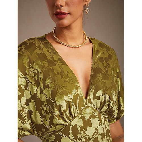  レディース マキシドレス Aラインドレス ベルベット エレガント パーティー ウェディング ゲスト 花柄 リーフ ハーフスリーブ Vネック エメラルドグリーン 春 秋 冬