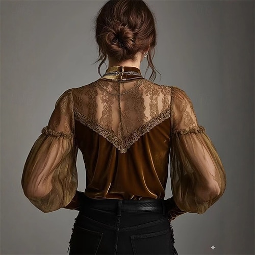  Femmes Velours Chemisier Hauts Élégants Hauts en dentelle Uni Élégant Quotidien Dames manche longue Col haut Hauts Réguliers Travail Quotidien Fête Dentelle Froncé Boutons Marron Automne Hiver
