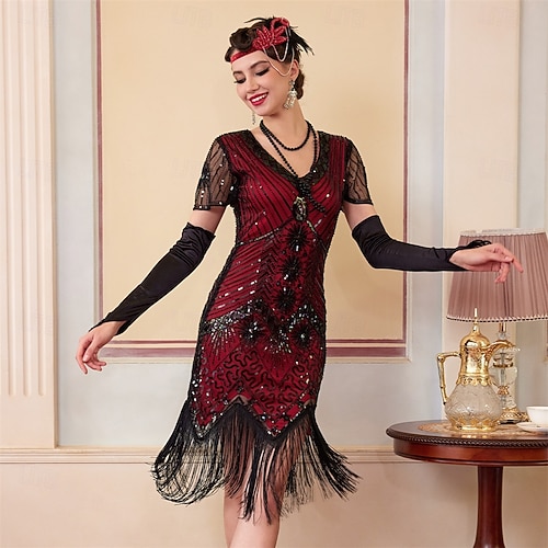Roaring 20s 1920s Knee Length Flapper Dress Short Sleeves The Great Gatsby Sequins Fringe V Neck Fancy Dress Women's Christmas Carnival speakeasy Masquerade Retro Theme Party Adults' Dress 2026 - kr.579 Roaring 20s 1920s Knee Length Flapper Dress Short Sleeves The Great Gatsby Sequins Fringe V Neck Fancy Dress Women's Christmas Carnival speakeasy Masquerade Retro Theme Party Adults' Dress 2026 - kr.579