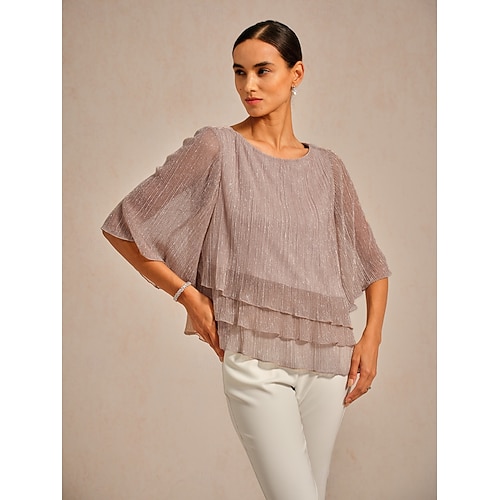  Women's Blouse Chiffon Tops Lace Tops Solid Color Elegant 3/4 Length Sleeve Crew Neck Wedding Guest Holiday Ruched Glitter Pink Summer Spring Fall