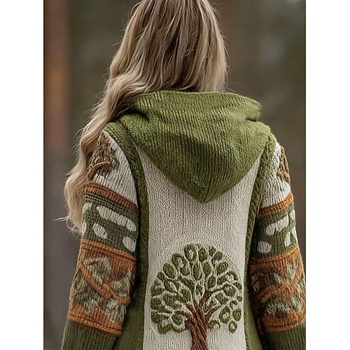  Dam Kofta Dagligen Ledigt Grafisk Geometrisk Ribbad Huva Lappverk Ficka Knappar Långärmad Långa toppar Sticka Utomhus Helgen Grön Höst Vinter