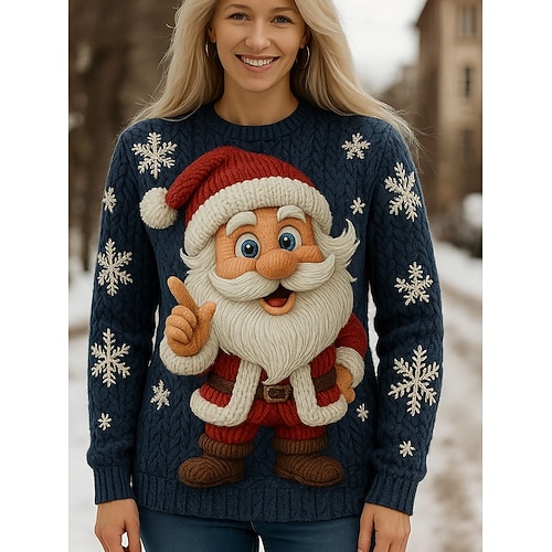  Dame Genser søt stil Fritid Grafisk julenissen Crew-hals Lapper Strikket Langermet Vanlige topper Strikke Jul Fest Ferie Blå Rosa Høst Vinter