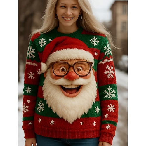  Dame Genser søt stil Fritid Grafisk julenissen Crew-hals Lapper Strikket Langermet Vanlige topper Strikke Jul Fest Ferie Blå Rosa Høst Vinter