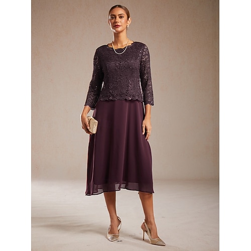  Жен. Платье средней длины Шифоновые платья Элегантный стиль Сплошной цвет Рукав 3/4 Вырез под горло Лиловый Лето Весна Осень Зима