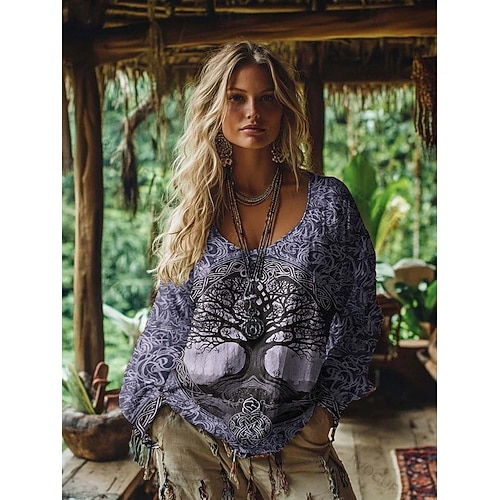  Damen Boho-T-Shirt Grafik Geometrisch Elegant Bohemien Tropisch Langarm V Ausschnitt Normale Oberteile Täglich Ausgehen Wochenende 3D-Druck Rosa Purpur Orange Grün Sommer Frühling Herbst Winter