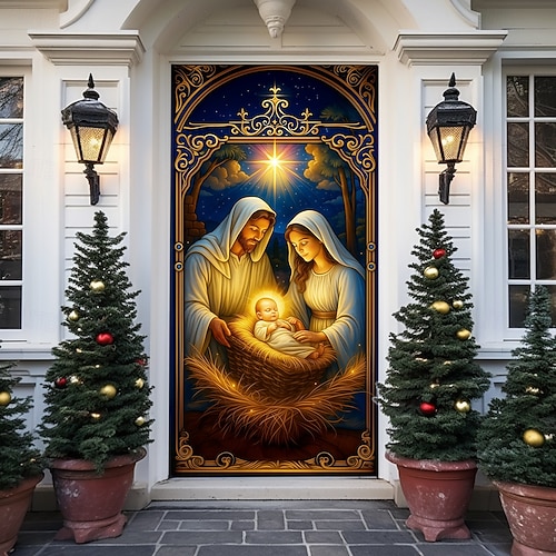  غطاء باب عيد الميلاد، تصميم مشهد المهد، ستارة عطلة معلقة خلفية لديكور مدخل المنزل، موضوع الشتاء، زينة عيد الميلاد للاحتفالات الاحتفالية بعيد الميلاد