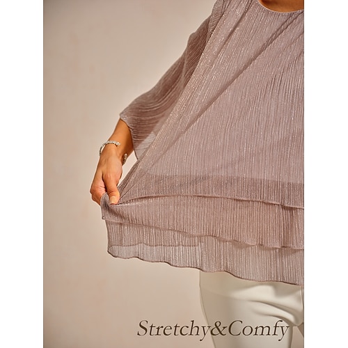  Women's Blouse Chiffon Tops Lace Tops Solid Color Elegant 3/4 Length Sleeve Crew Neck Wedding Guest Holiday Ruched Glitter Pink Summer Spring Fall