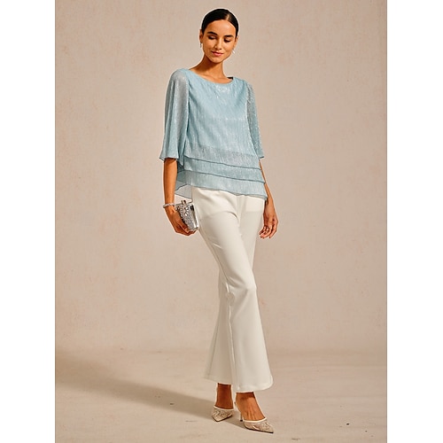 Women's Blouse Dressy Tops Chiffon Tops Lace Tops Elegant Crew Neck Regular Tops Wedding Guest Going out Pleated Glitter Light Blue Spring Fall