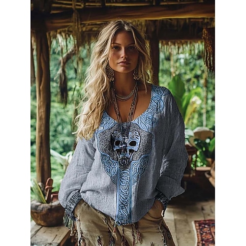  Damen Boho-T-Shirt Grafik Geometrisch Elegant Bohemien Vintage Langarm V Ausschnitt Normale Oberteile Täglich Wochenende 3D-Druck Blau Sommer Frühling Herbst Winter