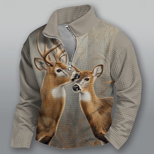  Men's Deer Sweatshirt Fashion Daily Casual Hunting Stand Collar Quarter Zip Outdoor Home Office Work Brown Khaki Gray Zip Up Fall Winter Designer S M L XL XXL XXXL