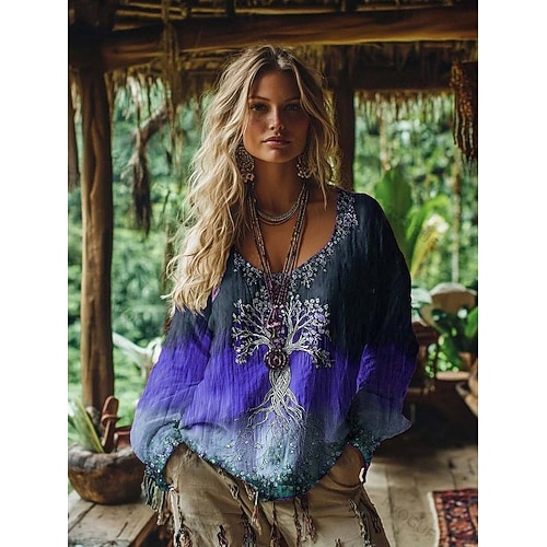  Damen Boho-T-Shirt Grafik Geometrisch Elegant Bohemien Vintage Langarm V Ausschnitt Normale Oberteile Täglich Wochenende 3D-Druck Blau Rote Purpur Grün Sommer Frühling Herbst Winter