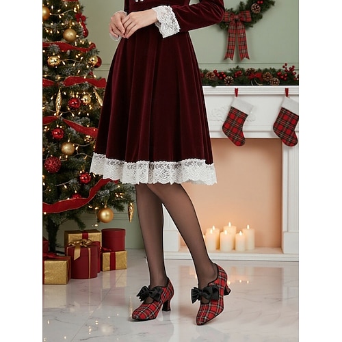  Pantofi cu toc roșii în carouri pentru femei cu fundă din satin negru - stil vintage anii 1920, perfecți pentru petreceri de Crăciun, întâlniri retro și purtare zilnică