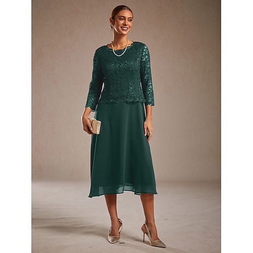  Женское платье миди, шифоновое платье, кружевное платье с пайетками, элегантное, для свадебного коктейля, вечеринки, чаепития, однотонное, с рукавами длиной 3/4, круглым вырезом, изумрудно-зеленое,