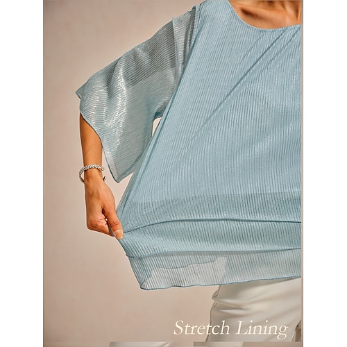  Women's Blouse Dressy Tops Chiffon Tops Lace Tops Elegant Crew Neck Regular Tops Wedding Guest Going out Pleated Glitter Light Blue Spring Fall