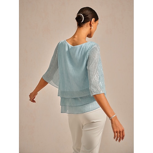  Women's Blouse Dressy Tops Chiffon Tops Lace Tops Elegant Crew Neck Regular Tops Wedding Guest Going out Pleated Glitter Light Blue Spring Fall