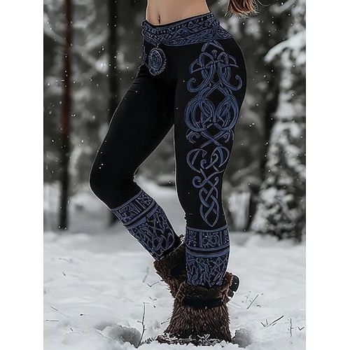  Kvinnors Viking Boho Leggings Vintage Etnisk Stil Hel Längd Hög Midja Grafisk Abstrakt 3D Utskrift Snabbtorkande Andningsförmåga Mjuk Stretchig Formell Utomhus Semester Ljusbrun Svart Rosa  Svart Vår