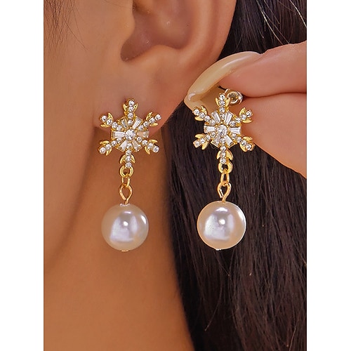  Γυναικεία χριστουγεννιάτικα σκουλαρίκια με νιφάδες χιονιού - κράμα αλουμινίου με λεπτομέρειες από κρύσταλλο και μαργαριτάρι, κομψά εορταστικά κοσμήματα για πάρτι και χειμερινές περιστάσεις