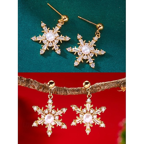  Γυναικεία χριστουγεννιάτικα σκουλαρίκια με νιφάδες χιονιού - κράμα αλουμινίου με λεπτομέρειες από κρύσταλλο και μαργαριτάρι, κομψά εορταστικά κοσμήματα για πάρτι και χειμερινές περιστάσεις