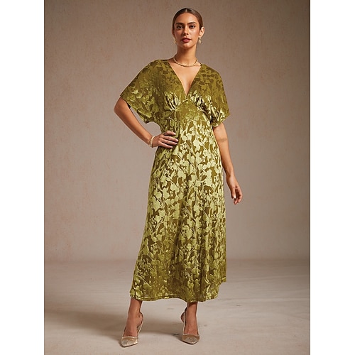  レディース マキシドレス Aラインドレス ベルベット エレガント パーティー ウェディング ゲスト 花柄 リーフ ハーフスリーブ Vネック エメラルドグリーン 春 秋 冬