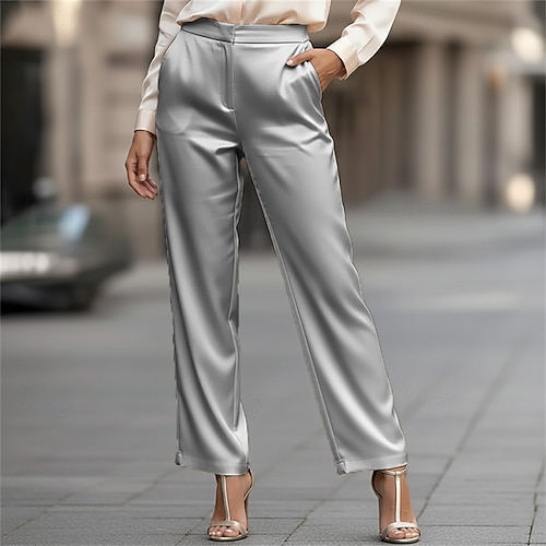  Mulheres Calças de cetim Atrevido Calças Férias Roupa de rua Casual Comprimento total Cintura Média Tecido Bolsos Confortável Formal Ao ar livre Férias Preto Prateado Rosa Marron Primavera Outono