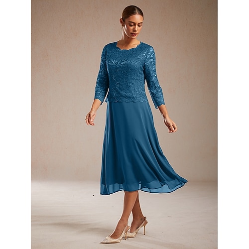  Dámské Midi šaty Šifonové šaty Elegantní Svatební host Koktejlový večírek Čajový dýchánek Pevná barva 3/4 délka rukávu Tričkový Zelenomodrá Jaro Podzim Zima