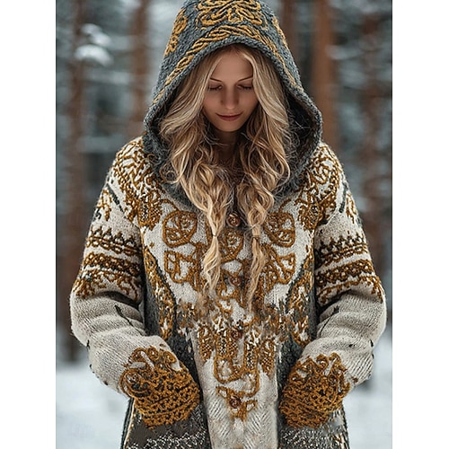  viking boho damkofta vintage vardag etnisk stil geometrisk färg tonad ribbad huva fickor knappar tryck långärmad långa toppar stickad utomhus helg gul blå höst vinter