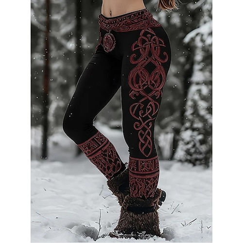  Kvinnors Viking Boho Leggings Vintage Etnisk Stil Hel Längd Hög Midja Grafisk Abstrakt 3D Utskrift Snabbtorkande Andningsförmåga Mjuk Stretchig Formell Utomhus Semester Ljusbrun Svart Rosa  Svart Vår