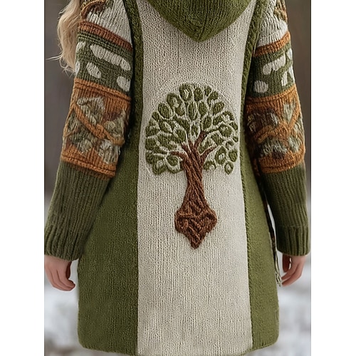  Dam Kofta Dagligen Ledigt Grafisk Geometrisk Ribbad Huva Lappverk Ficka Knappar Långärmad Långa toppar Sticka Utomhus Helgen Grön Höst Vinter