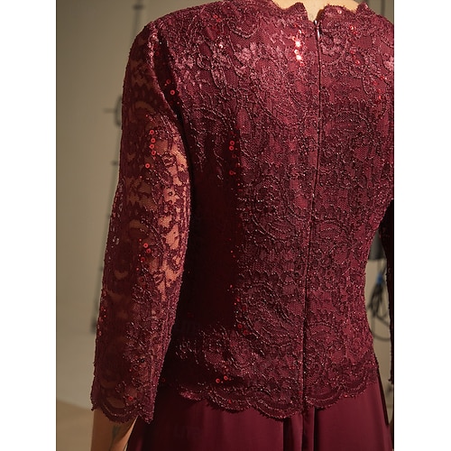  Dames Halflange jurk Chiffon jurk A lijn jurk Elegant Bruiloft gast Avond Feest Effen Kleur 3/4 mouw Strakke ronde hals Wijn Lente Herfst Winter