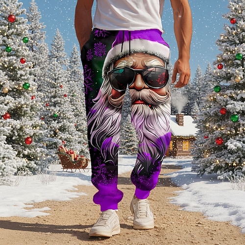  Christmas Men's Santa Claus funny christmas Sweatpants Joggers Trousers Mid Waist Drawstring Elastic Waist Casual Outdoor Holiday Athletic Sweatpants with Pockets Fall Winter 3D Print Blue Red Purple