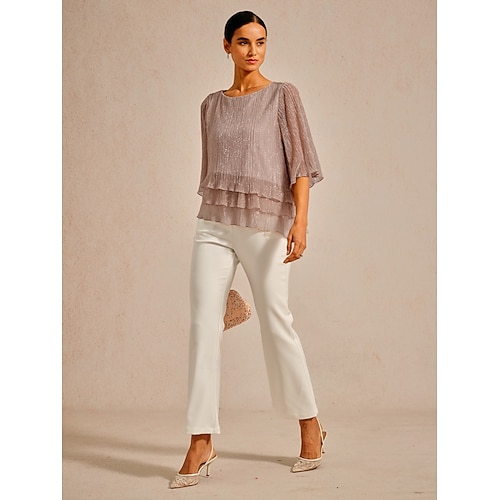  Women's Blouse Chiffon Tops Lace Tops Solid Color Elegant 3/4 Length Sleeve Crew Neck Wedding Guest Holiday Ruched Glitter Pink Summer Spring Fall