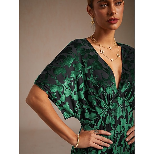  dames maxi-jurk a-lijn jurk fluweel elegant feest bruiloft gast bloemen blad halve mouw v-hals smaragdgroen lente herfst winter