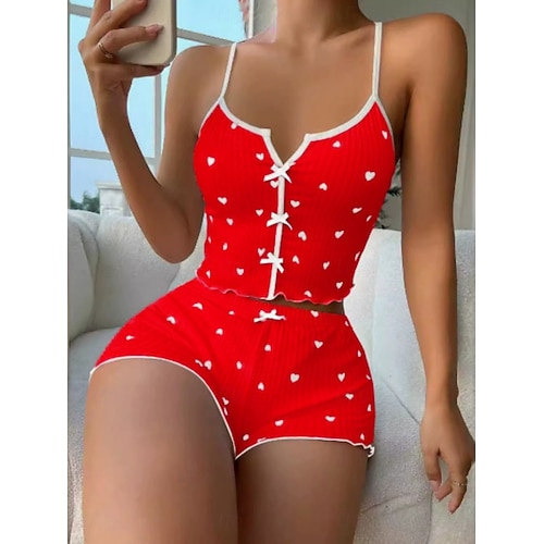  Dames Pyjamaset Casual Comfortabel Hart Elastische taille Strap Top Korte broek Huis Dagelijks Mouwloos V-hals Zwart Wit Blozend Roze Wijn Rood Zomer Lente Herfst Strak