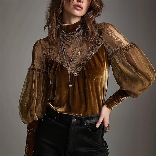  Femmes Velours Chemisier Hauts Élégants Hauts en dentelle Uni Élégant Quotidien Dames manche longue Col haut Hauts Réguliers Travail Quotidien Fête Dentelle Froncé Boutons Marron Automne Hiver