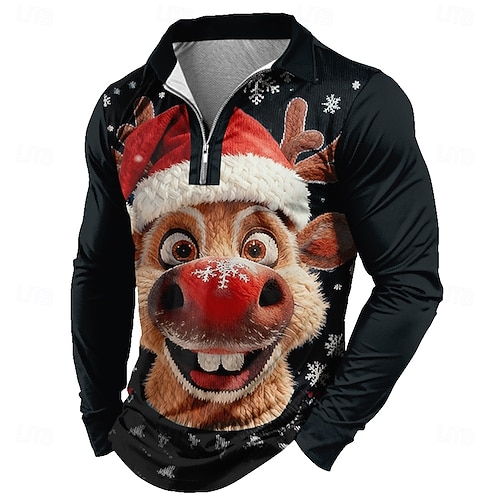  חג המולד בגדי ריקוד גברים כל אחד דמות מצוירת בתלת מימד פּוֹלוֹ שרוול ארוך חולצות פולו דש יום יומי לבוש יומיומי תלבושת פסטיבל הדפסת תלת מימד רבע זיפ פולו אביב סתיו חורף פול שחור אודם