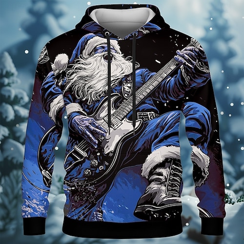  Jul Herr jultomten Guitarr Huvtröja Tröja Mode Dagligen Ledigt Rund hals Huva Hem Fest Gåva Blå Rubinrött Purpur Grön Snörning Höst Vinter Designer S M L XL XXL XXXL