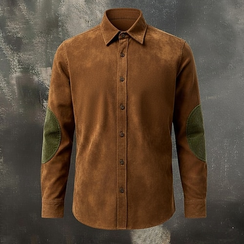  Homens Camisa Social Camisa casual camisa vintage Camiseta de Veludo camisa de botão Camisas de camurça Preto Marron Caqui Manga Longa Bloco de cor Lapela Casual Diário Patchwork Roupa Moda Vintage
