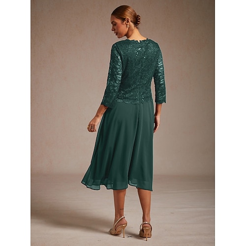 Женское платье миди, шифоновое платье, кружевное платье с пайетками, элегантное, для свадебного коктейля, вечеринки, чаепития, однотонное, с рукавами длиной 3/4, круглым вырезом, изумрудно-зеленое,