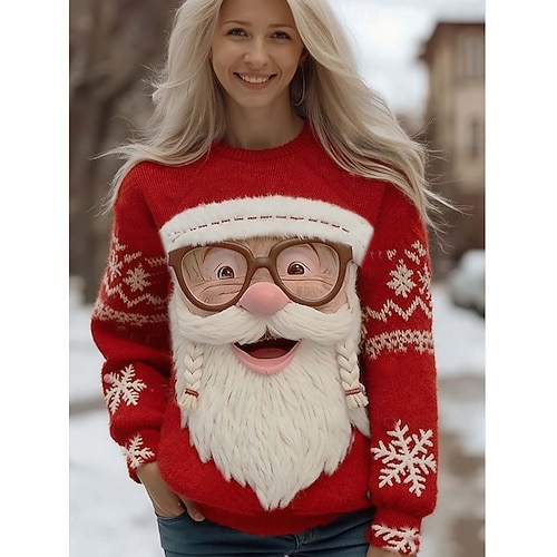  jul damegenser søt gatemote avslappet grafisk julenissen rund hals lappeteppe strikket langermet vanlig topper strikket julefest ferie rød høst vinter