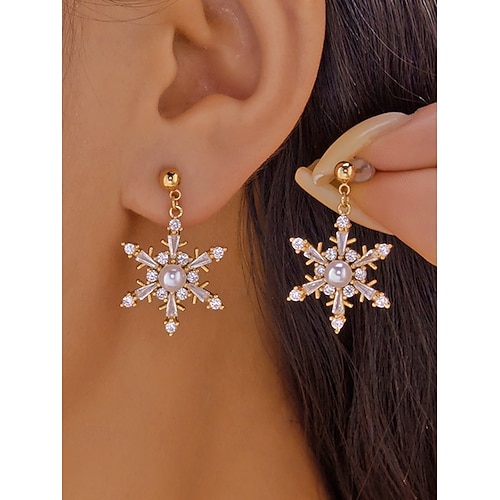  Γυναικεία χριστουγεννιάτικα σκουλαρίκια με νιφάδες χιονιού - κράμα αλουμινίου με λεπτομέρειες από κρύσταλλο και μαργαριτάρι, κομψά εορταστικά κοσμήματα για πάρτι και χειμερινές περιστάσεις