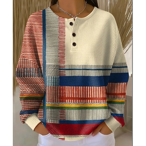  Dames Trui-sweatshirt Grafisch Geometrisch Elegant Vintage Modieus Lange mouw Strakke ronde hals Normale tops Huis Bruiloft gast Dagelijks gebruik Knop blauw Donker Rood Groen Regenboog Lente Herfst