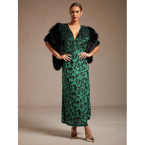  dames maxi-jurk a-lijn jurk fluweel elegant feest bruiloft gast bloemen blad halve mouw v-hals smaragdgroen lente herfst winter