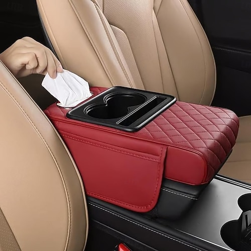  Luxury Style Car Armrest Box Multifunctional Storage Box, Diamond Pattern Tissue Box, with Cup Holder Mobile Phone Slot, Built-In Car Storage Box, Universal Four-In-One, Car Tissue Box Armrest Box