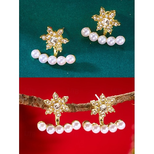  Γυναικεία χριστουγεννιάτικα σκουλαρίκια με νιφάδες χιονιού - κράμα αλουμινίου με λεπτομέρειες από κρύσταλλο και μαργαριτάρι, κομψά εορταστικά κοσμήματα για πάρτι και χειμερινές περιστάσεις