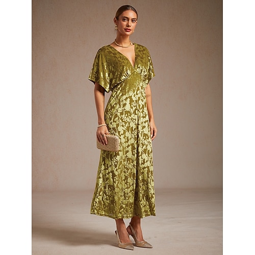  レディース マキシドレス Aラインドレス ベルベット エレガント パーティー ウェディング ゲスト 花柄 リーフ ハーフスリーブ Vネック エメラルドグリーン 春 秋 冬