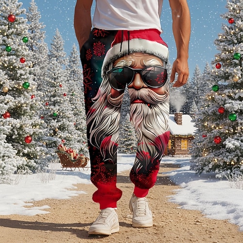  Christmas Men's Santa Claus funny christmas Sweatpants Joggers Trousers Mid Waist Drawstring Elastic Waist Casual Outdoor Holiday Athletic Sweatpants with Pockets Fall Winter 3D Print Blue Red Purple
