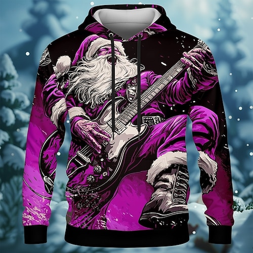  Jul Herr jultomten Guitarr Huvtröja Tröja Mode Dagligen Ledigt Rund hals Huva Hem Fest Gåva Blå Rubinrött Purpur Grön Snörning Höst Vinter Designer S M L XL XXL XXXL